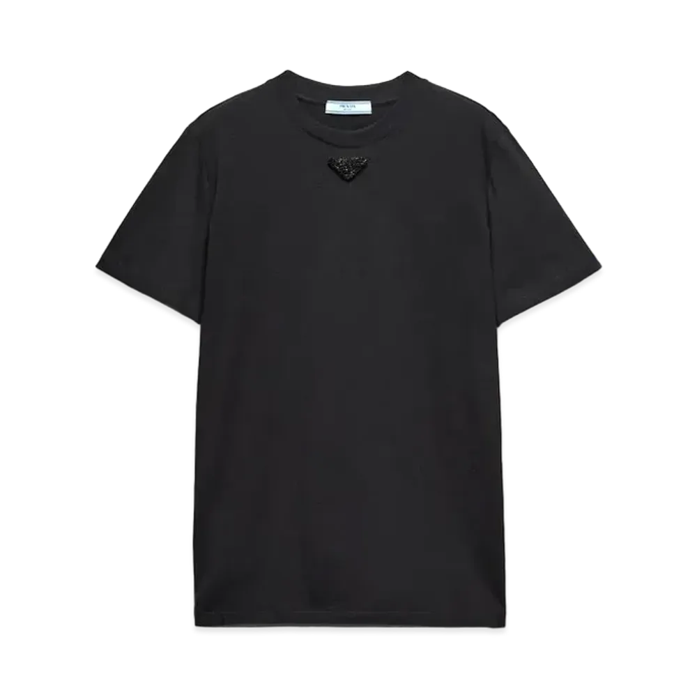 PRADA Women's Jersey T-Shirt with Embroidered Triangle "Black"