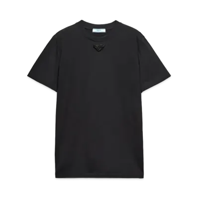 PRADA Women's Jersey T-Shirt with Embroidered Triangle "Black"