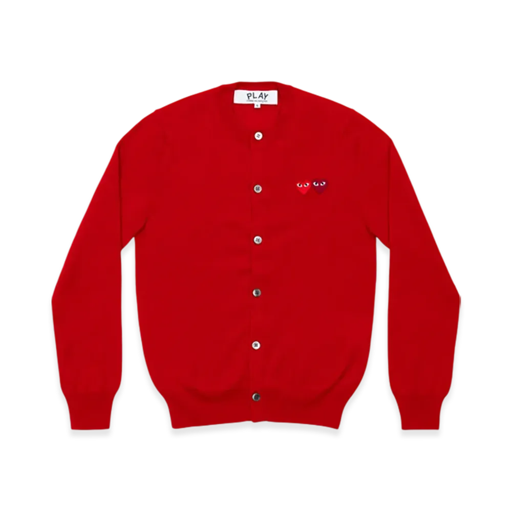 PLAY COMME des GARCONS Round Neck Cardigan With Twin Red x Burgundy Emblem "Red"
