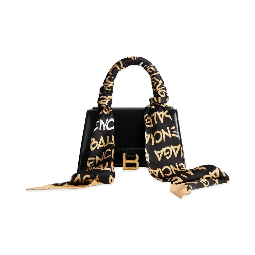 BALENCIAGA Hourglass Small Handbag in Funky Font Allover Logo Printed Scarf and Black Shiny Box Calfskin, Aged-Gold Hardware "Black/Beige"
