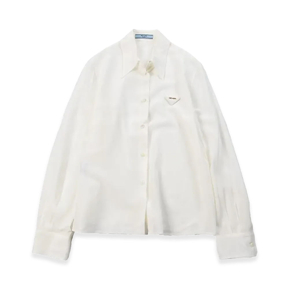 PRADA Women's Silk Logo Long Sleeve Sheer Shirt "White"