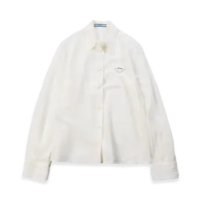 PRADA Women's Silk Logo Long Sleeve Sheer Shirt "White"
