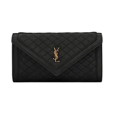 SAINT LAURENT Gaby Large Flap Wallet In Quilted Lambskin "Black"