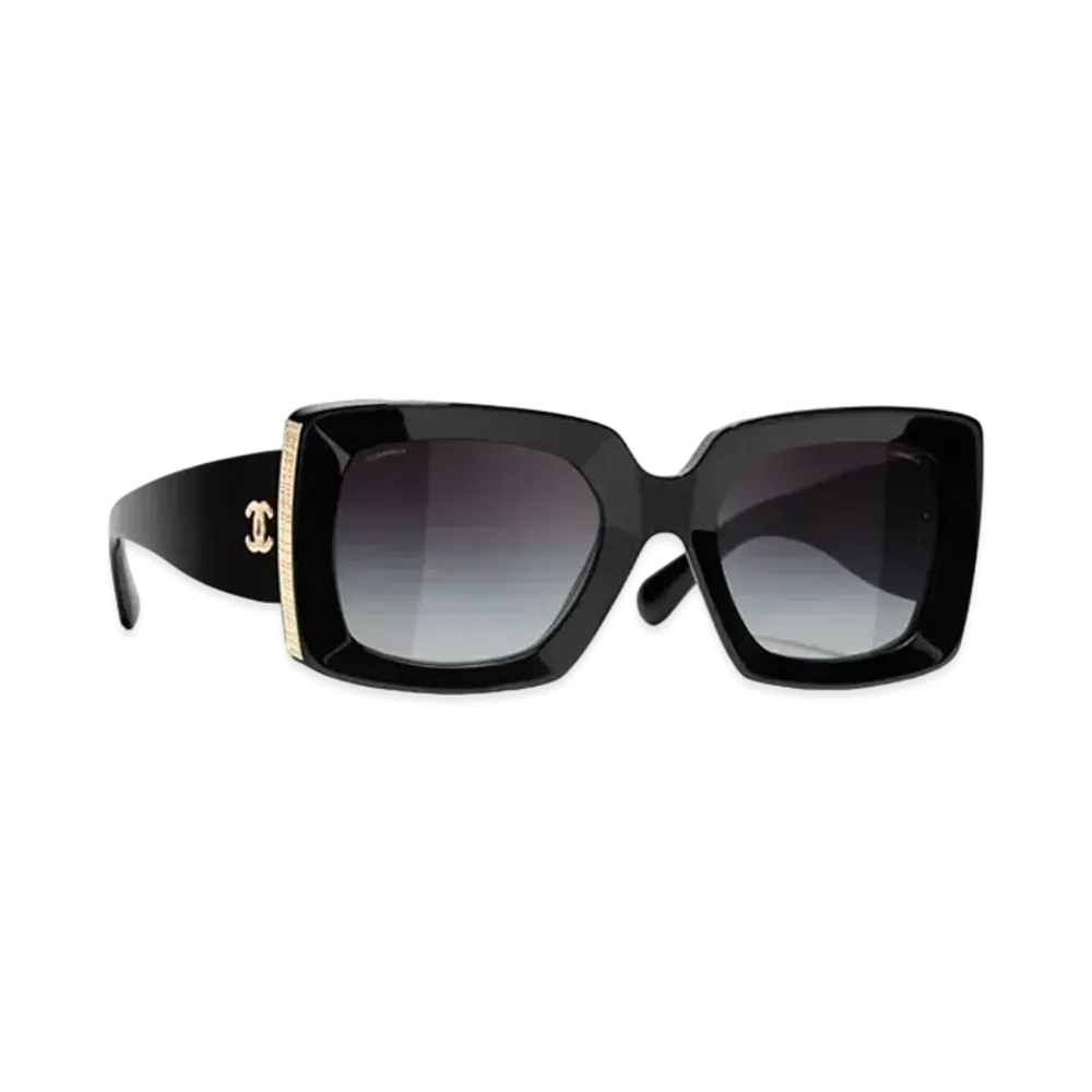 CHANEL Rectangle Sunglasses Acetate Lenses Gray Gradient "Black/Gold"