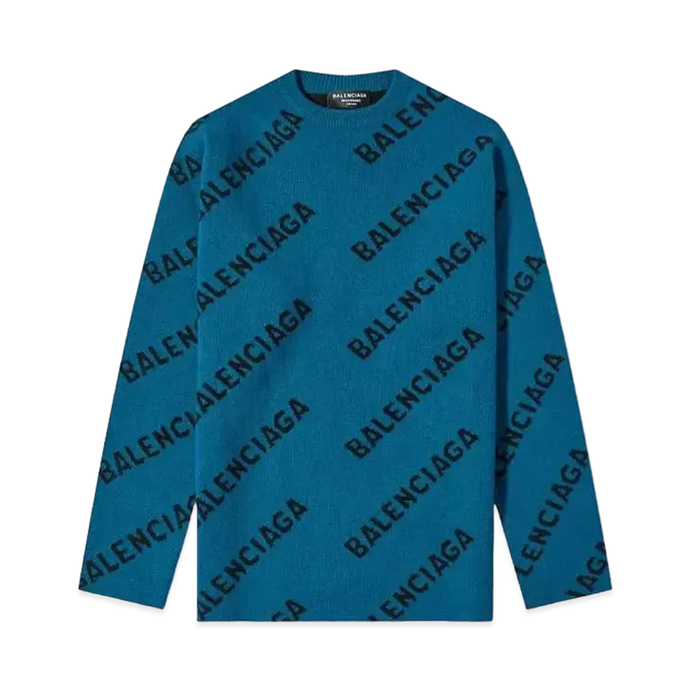 BALENCIAGA Women's Allover Logo Crewneck Knit Petrol "Blue"