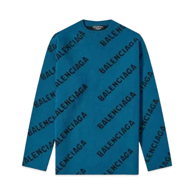BALENCIAGA Women's Allover Logo Crewneck Knit Petrol "Blue"