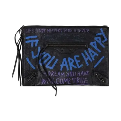 BALENCIAGA Classic Leather Graffiti Clutch Bag "Black"