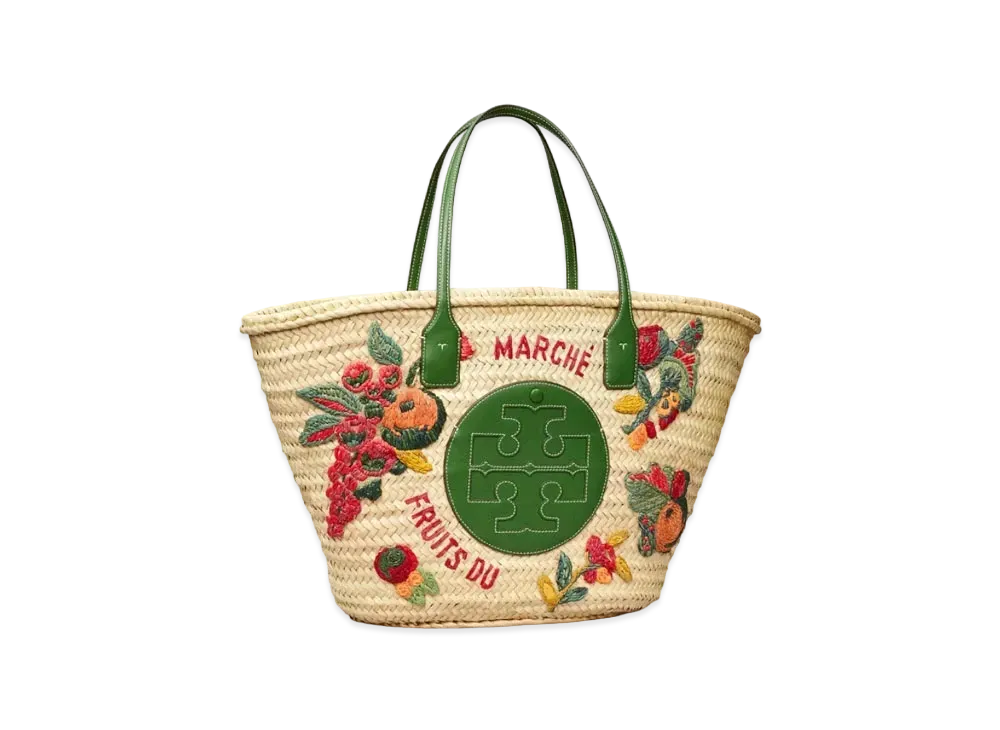 Tory Burch Ella Embroidered Straw Basket Tote Bag "Natural/Arugula"