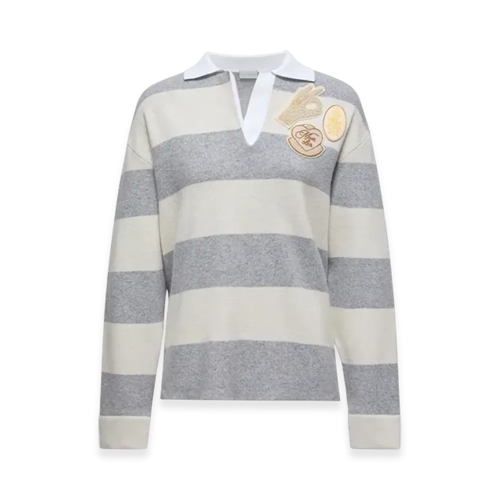 MONCLER Striped Long Sleeve Wool Polo Shirt "Grey White"