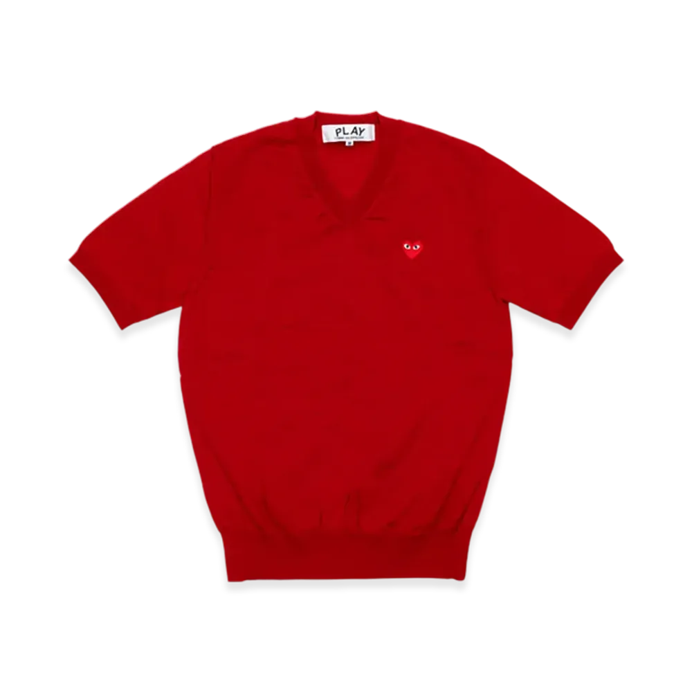 PLAY COMME des GARCONS V-Neck Short Sleeve Sweater With Red Medium Emblem "Red"
