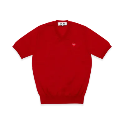 PLAY COMME des GARCONS V-Neck Short Sleeve Sweater With Red Medium Emblem "Red"