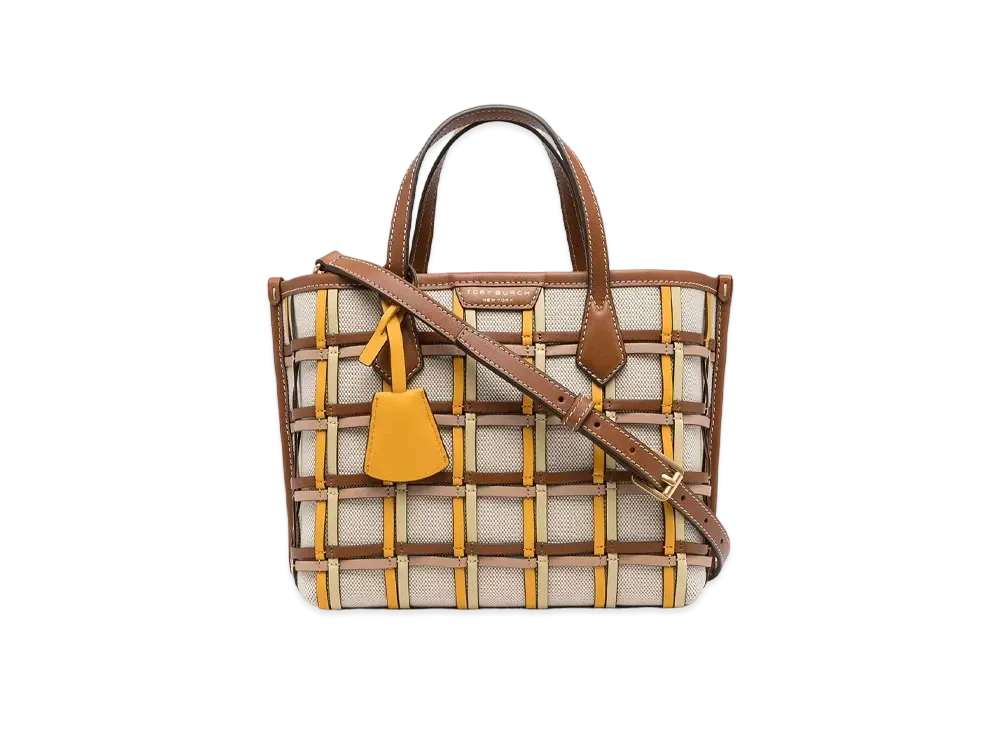 Tory Burch Perry Woven Cage Small Triple-Compartment Tote Bag "Natural/Buttermilk"