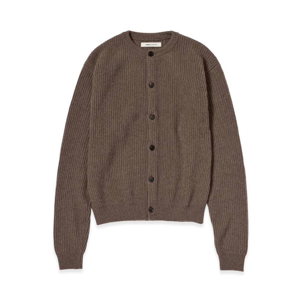 AURALEE x TEKLA Super Fine Wool Cashmere Rib Knit Cardigan "Soil Brown"