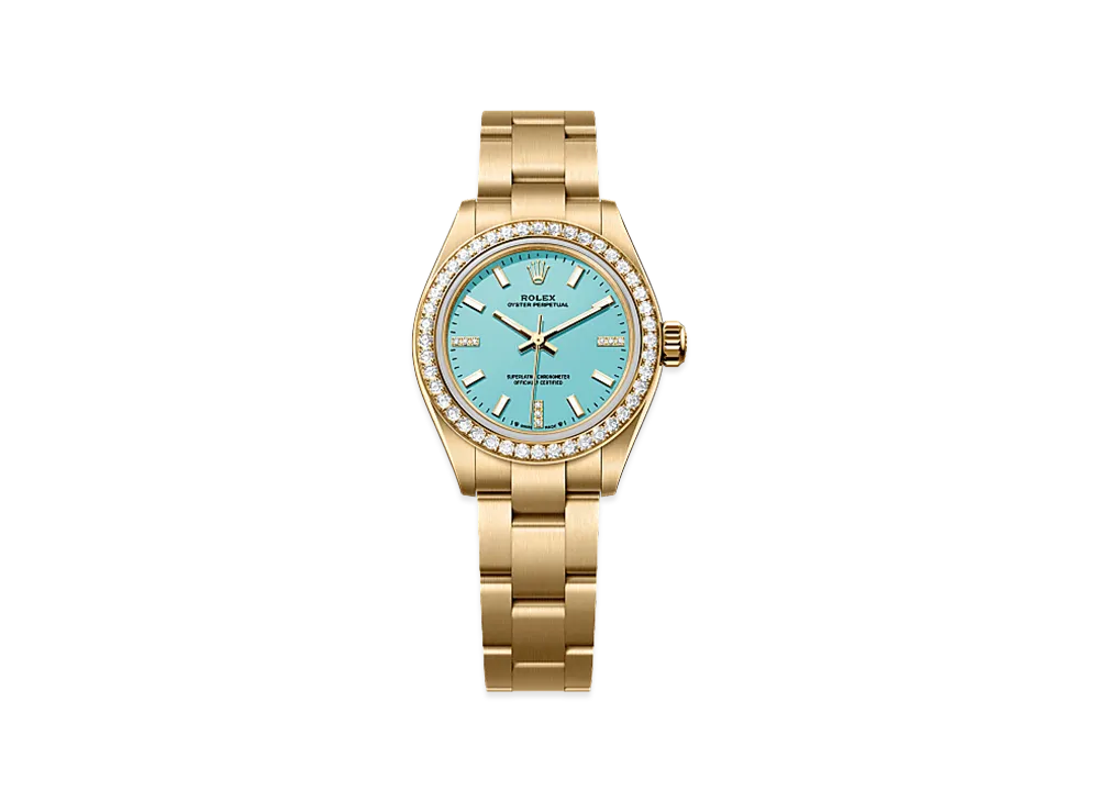 ROLEX Oyster Perpetual 28 Yellow Gold Diamond "Turquoise Blue"