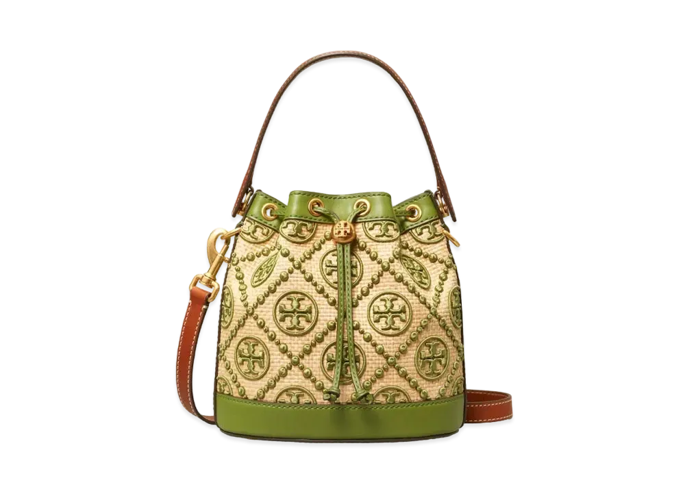 Tory Burch T Monogram Straw Bucket Bag "Natural/Shiso"