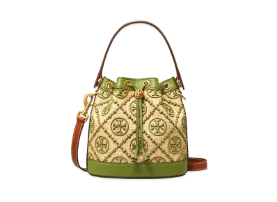 Tory Burch T Monogram Straw Bucket Bag "Natural/Shiso"