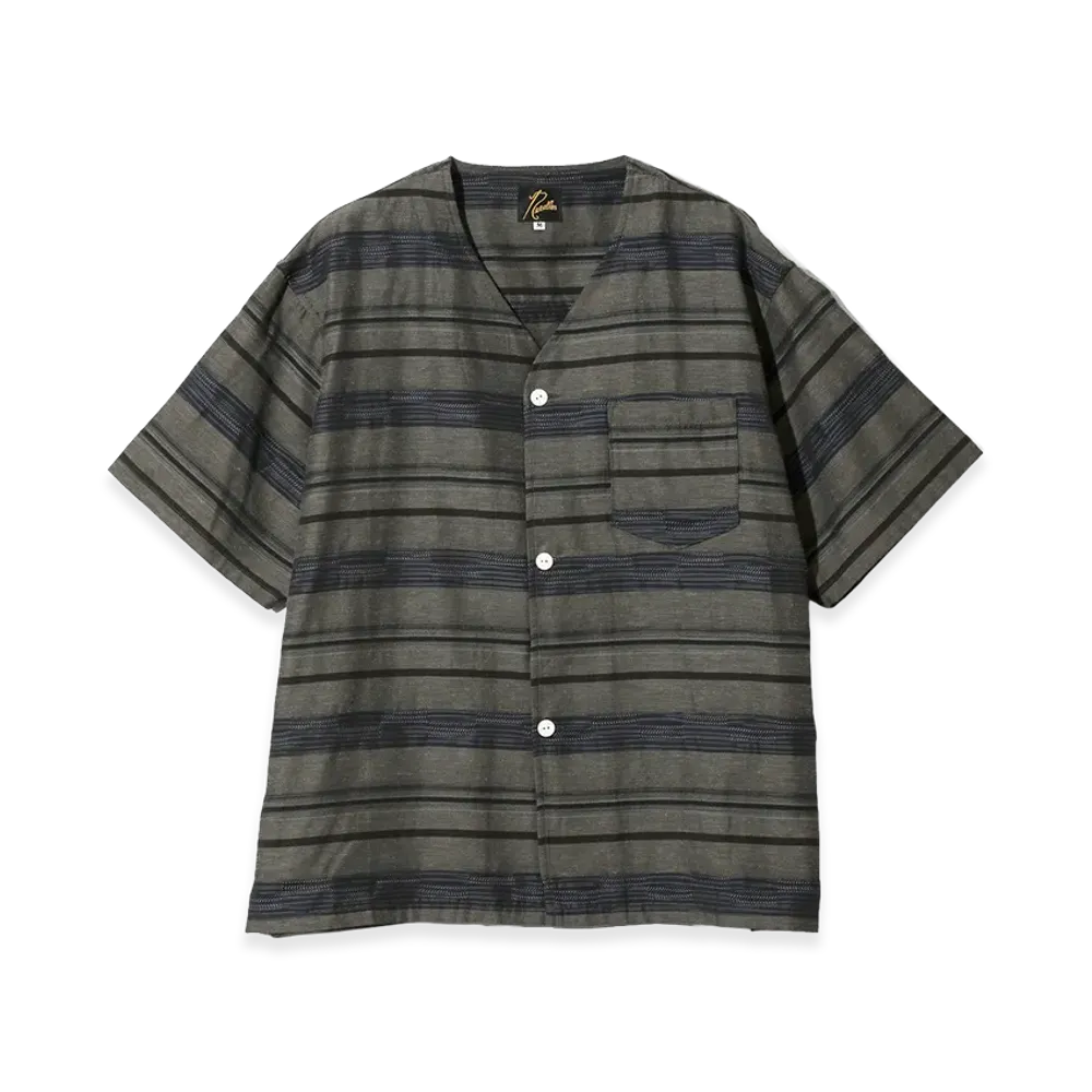 NEEDLES S/S V-Neck Shirt - Kasuri Border "Taupe"