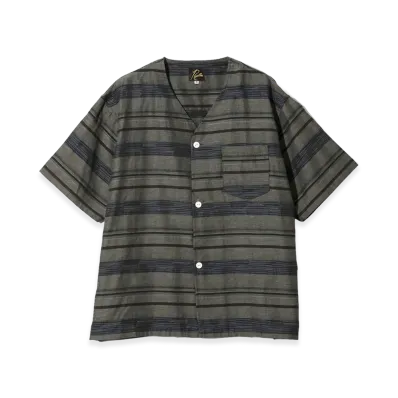 NEEDLES S/S V-Neck Shirt - Kasuri Border "Taupe"