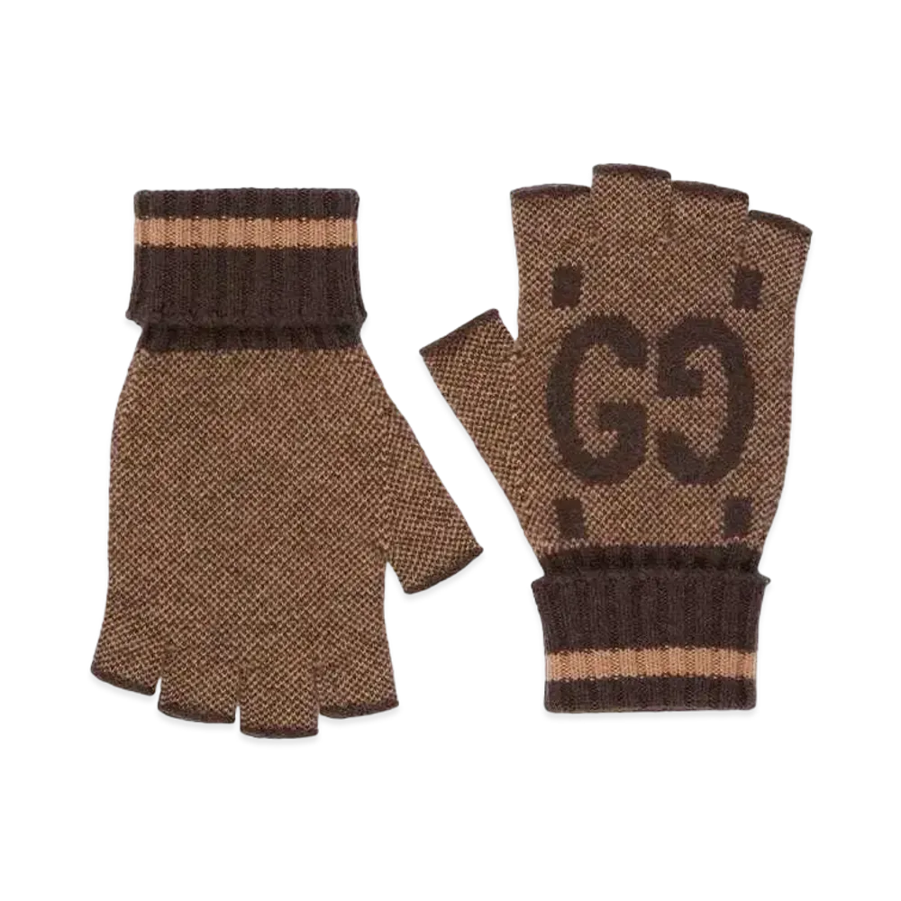 GUCCI GG Cashmere Fingerless Gloves "Beige/Dark Brown"