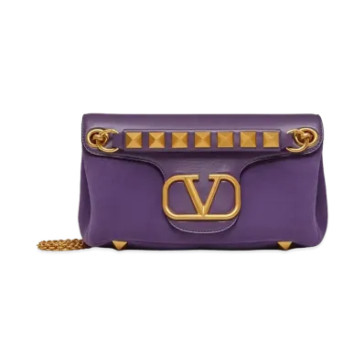 Valentino Studs Sign Nappa Leather Suede Shoulder Bag "Purple"