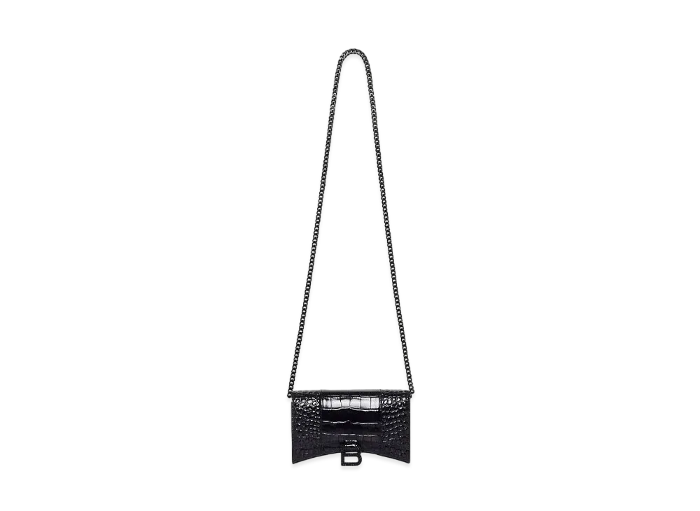BALENCIAGA Hourglass Chain Wallet Crocodile Type Push "Black"