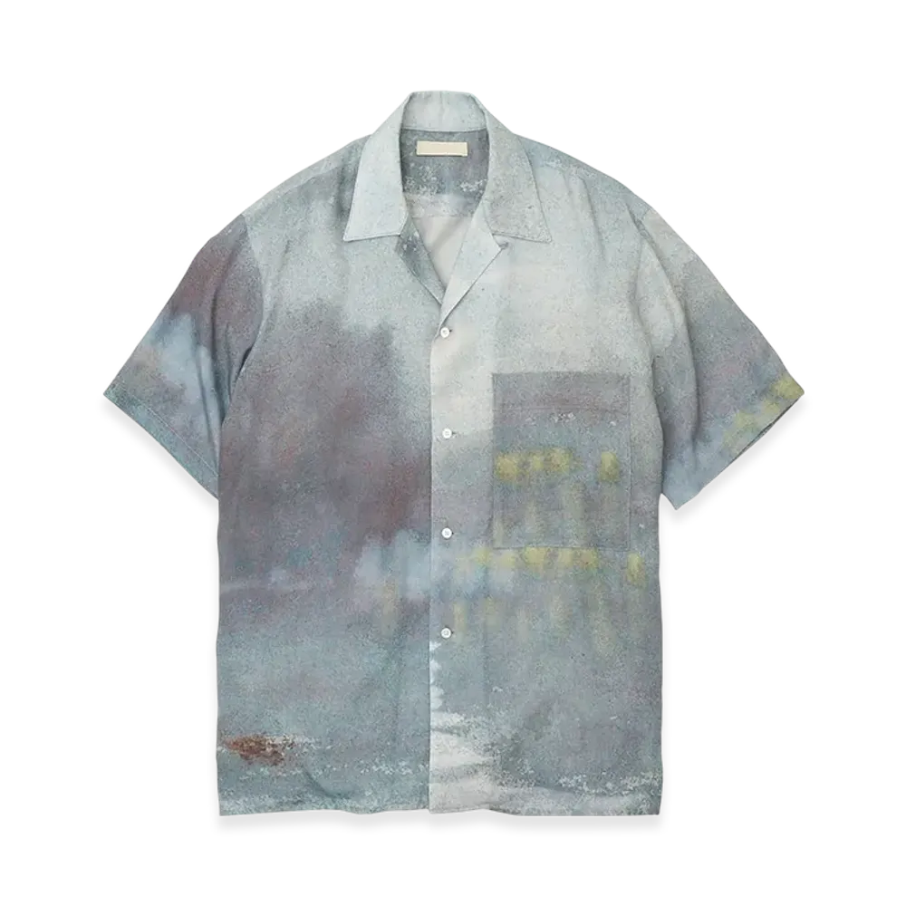 YOKE Landscape Printed Tencell Poplin Open Collar Shirt "Blue"