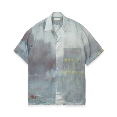 YOKE Landscape Printed Tencell Poplin Open Collar Shirt "Blue"