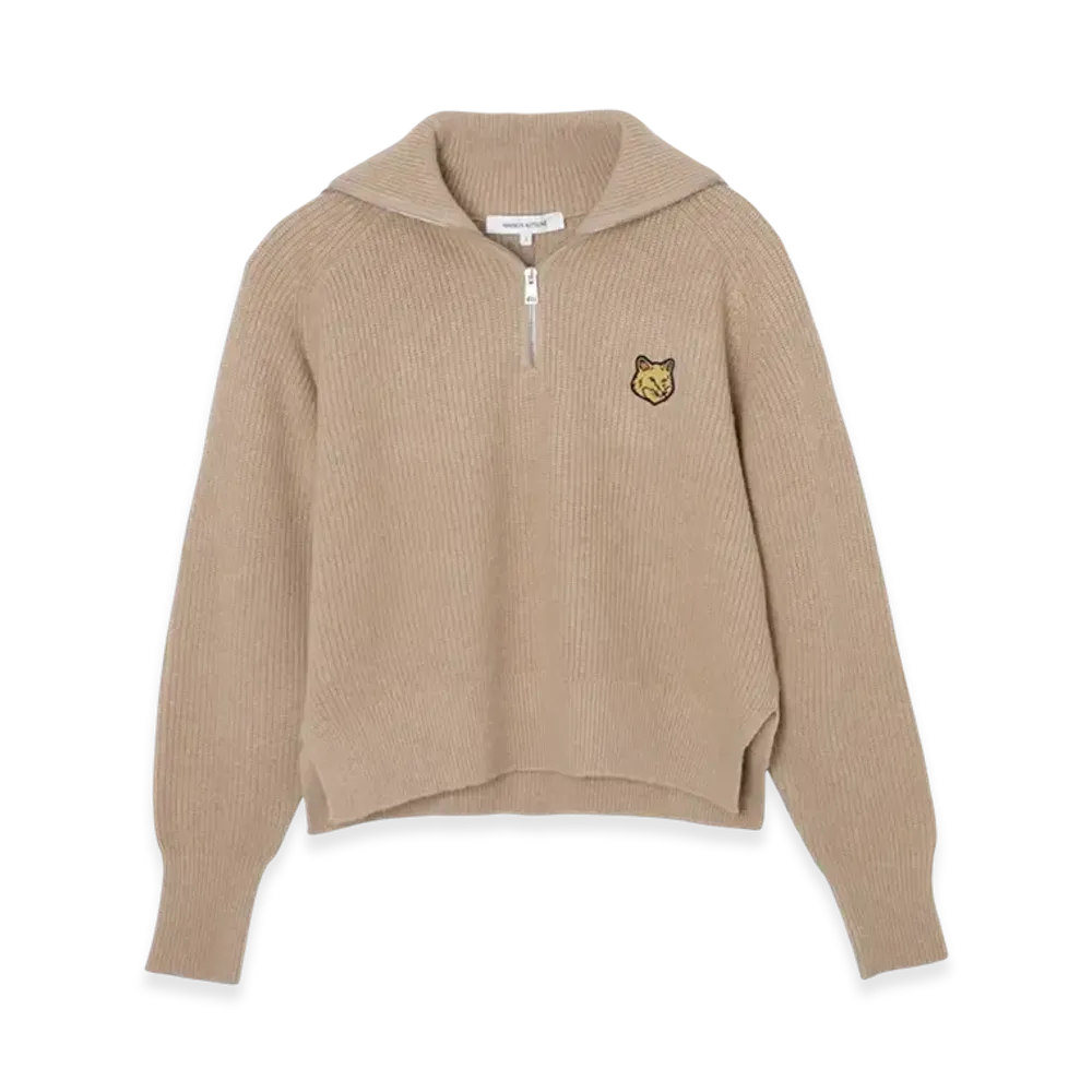 Maison Kitsune Bold Fox Head Patch Half Zip Ribbed Jumper "Beige Melange"