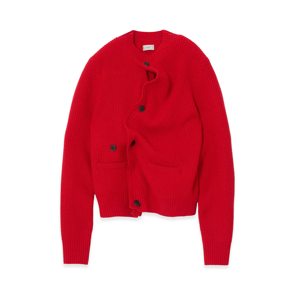 YOKE Lambs Wool Sculptural Wired Crew Neck Cardigan "Red"