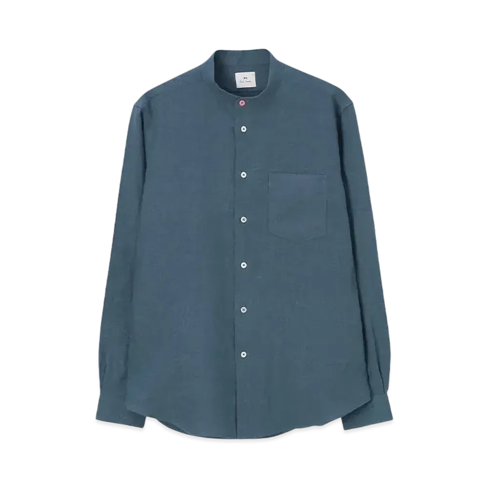 Paul Smith Cool Linen Band Collar Shirt "GrayishBlue"