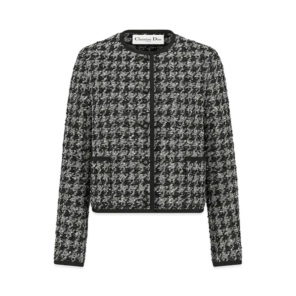 Dior Cropped Jacket Houndstooth Technical Cotton Tweed "Black/White"