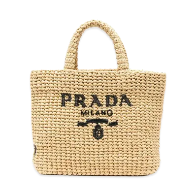 PRADA Women's Small Woven Fabric Shopping Bag "Beige"