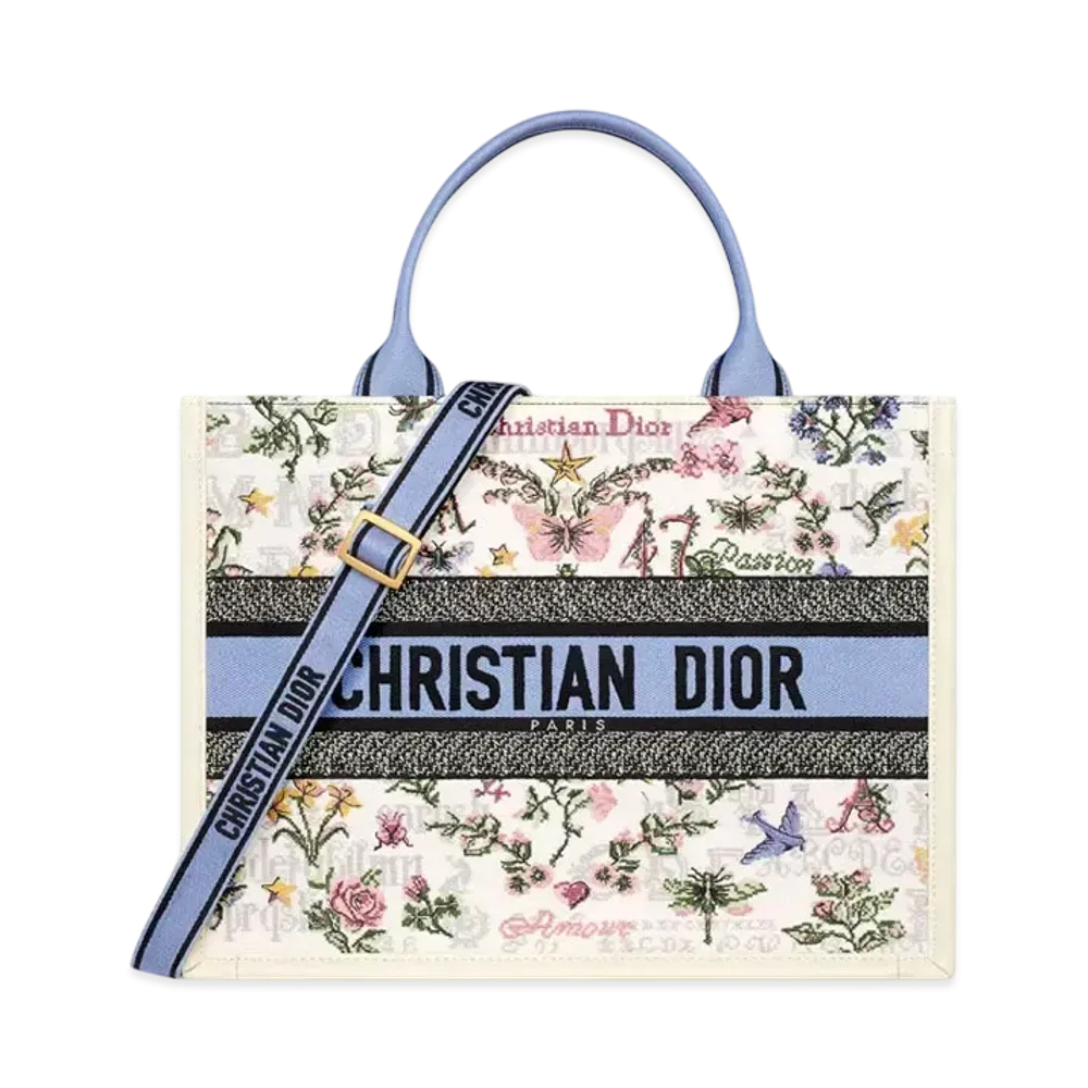 Dior Dioramour Medium Dior Book Tote Embroidery with Amour 1947 Motif and Calfskin (36.5 x 28 x 17.5 cm) "Latte/Multicolor"