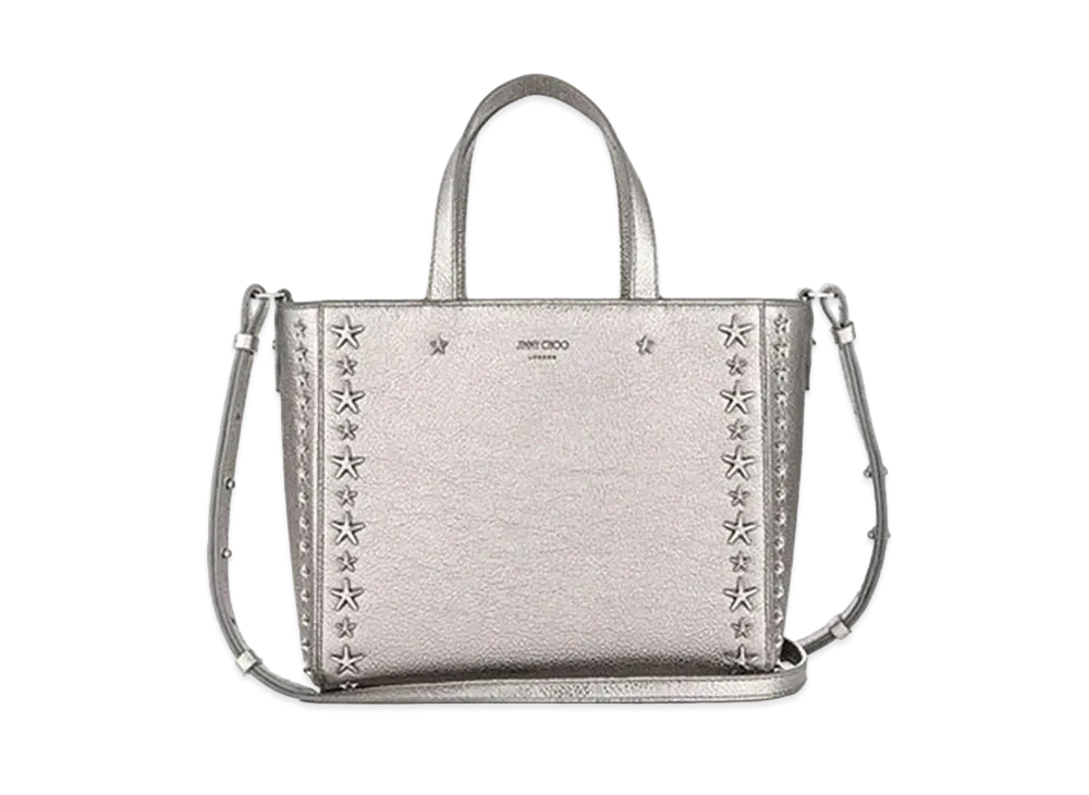 Jimmy Choo Pegasi/S Tote Metallic Soft Grainy Calf Leather Tote Handbag With Star Studs "Dark Silver/Gunmetal"