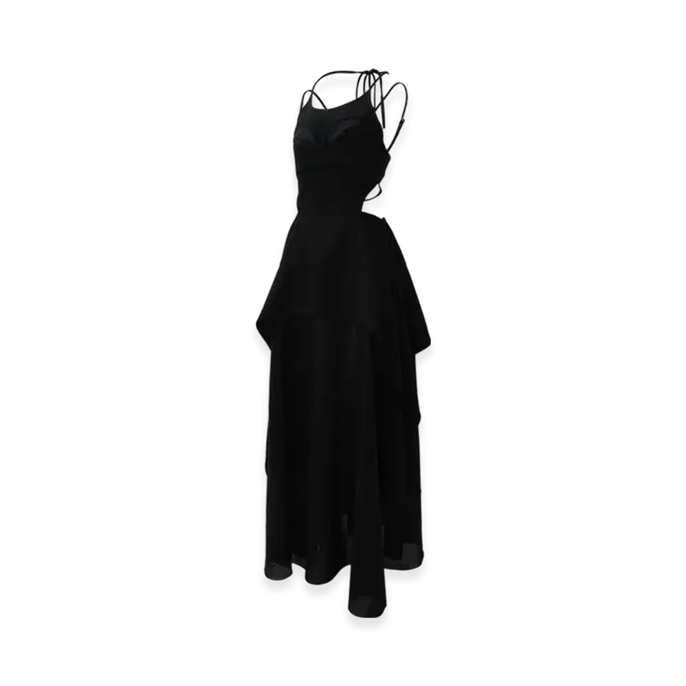 THEREDTHREAD S Cat Slit Long Dress "Black/Black"