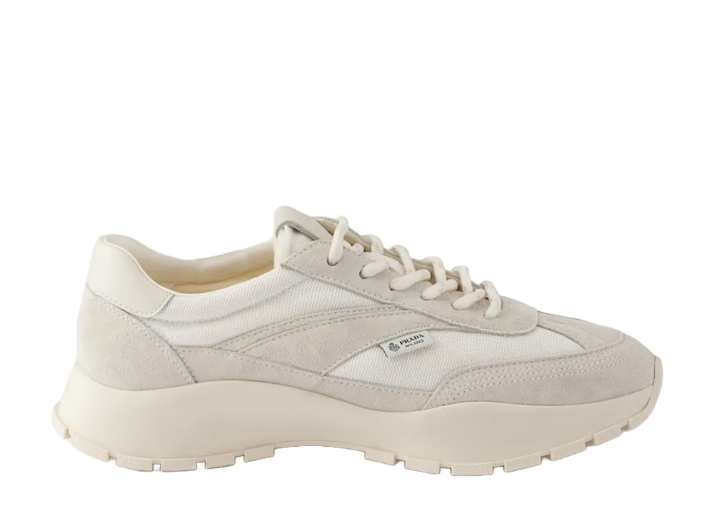 PRADA Women's Mesh Fabric Suede Sneakers "White"