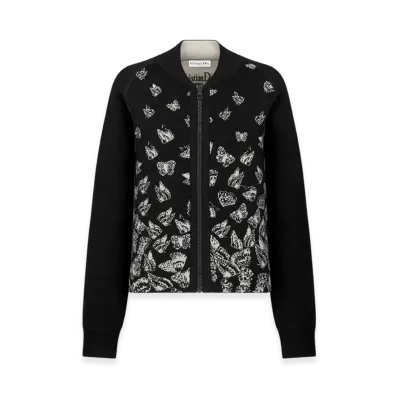 Dior Women's Dioralps Reversible Bomber Jacket Technical Cashmere Knit Gradient Butterflies Motif "Black"