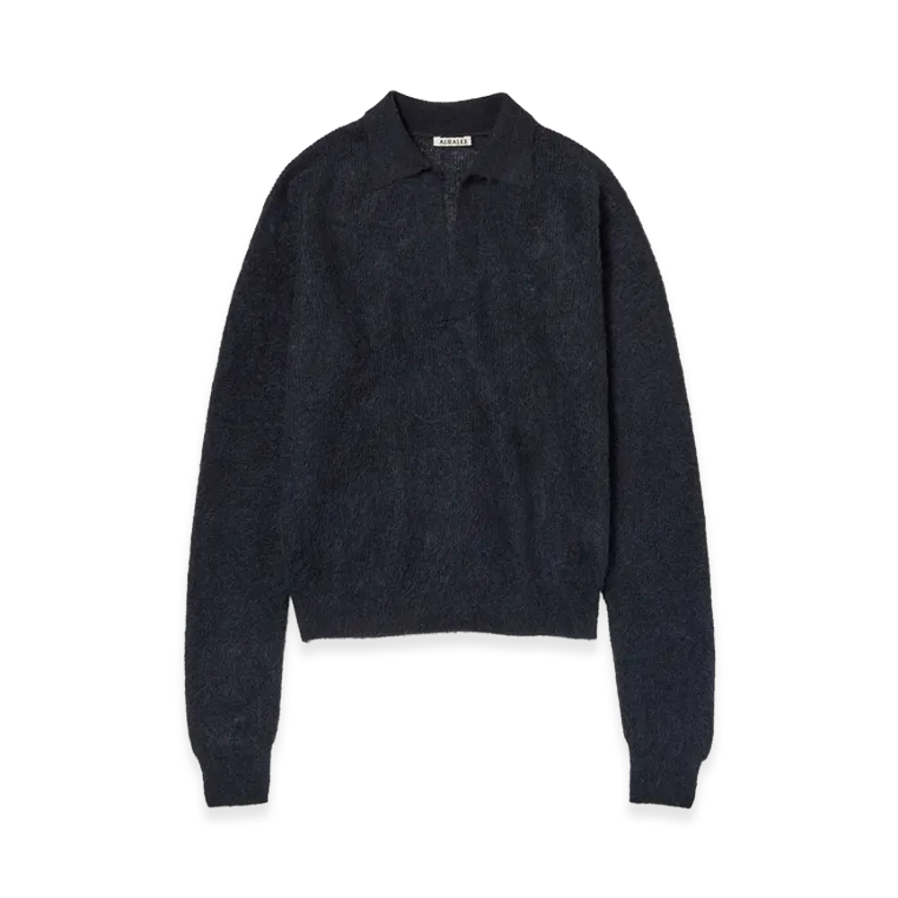 AURALEE Women's Baby Suri Alpaca Sheer Knit Skipper Polo "Navy"