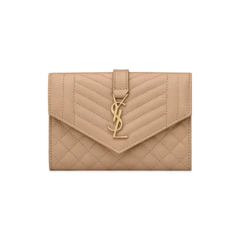 SAINT LAURENT Monogram Small Envelope Wallet In Mix Matelasse Grain De Poudre Embossed Leather "Dark Beige"
