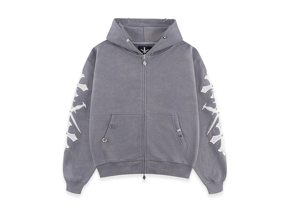 Unknown London Dagger Cross Leather Patch Zip Hoodie "Gray"