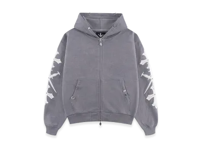 Unknown London Dagger Cross Leather Patch Zip Hoodie "Gray"