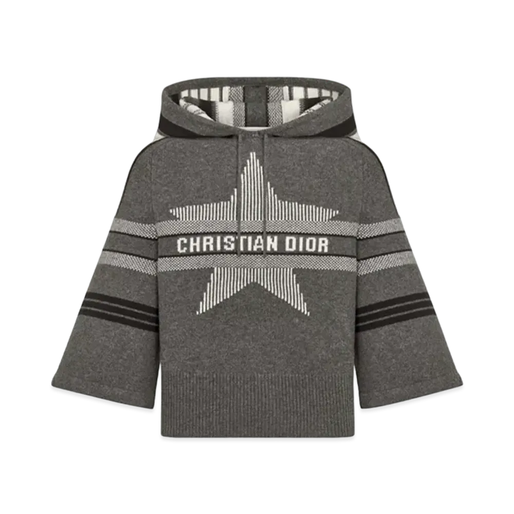 Dior DiorAlps Three-Quarter Sleeve Hooded Sweater Wool and Cashmere Knit with Dior Star Motif "Gray/White"