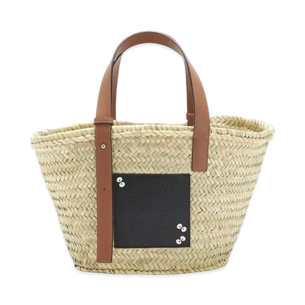 LOEWE x My Neighbor Totoro Dust Bunnies Basket Bag In Palm Leaf and Calfskin "Black/Tan"