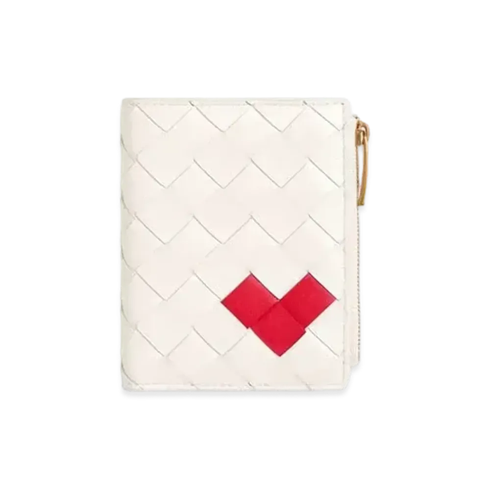 Bottega Veneta Small Intrecciato Bi Fold Zip Wallet "White/Vernis"