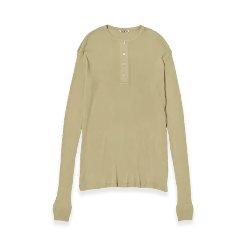 AURALEE Organic Soft Rib Henley Neck L/S T-Shirt "Khaki Beige"