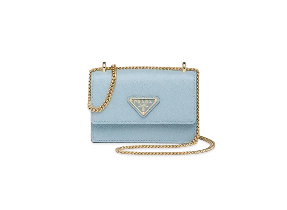 PRADA Saffiano Leather Card Holder With Shoulder Strap "Sky Blue"