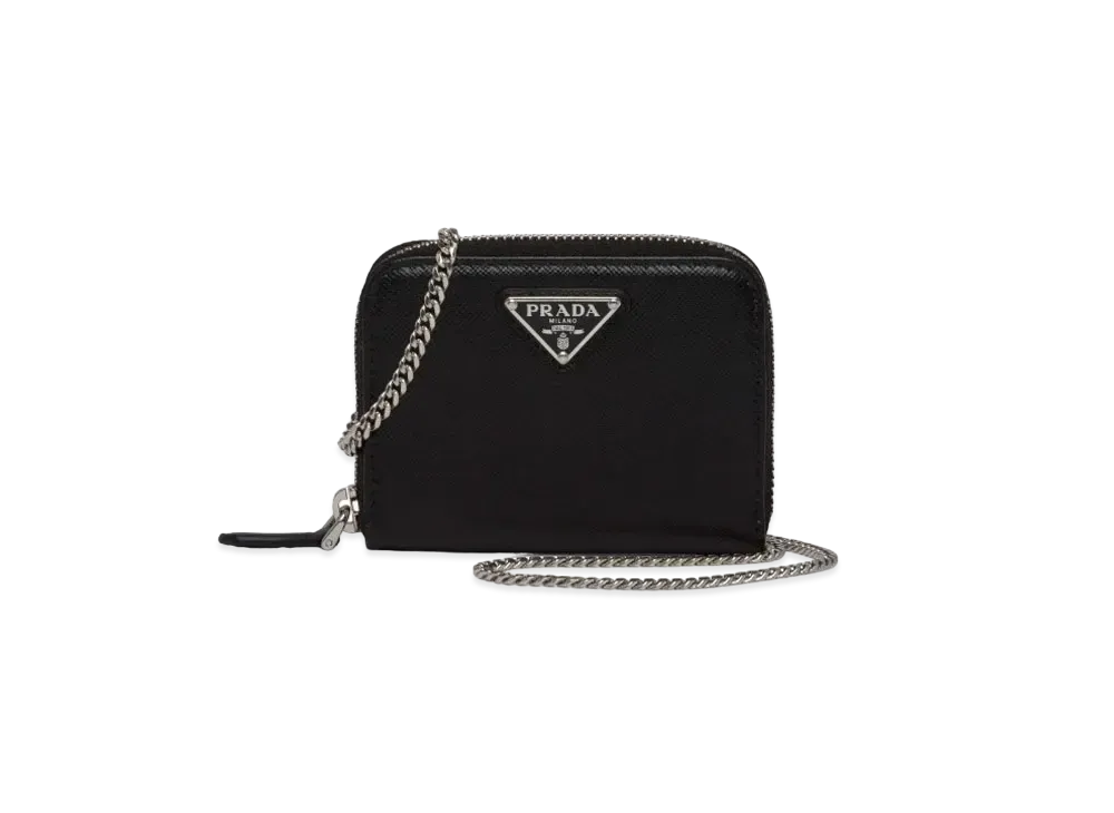 PRADA Saffiano Leather Card Holder With Shoulder Strap "Black"