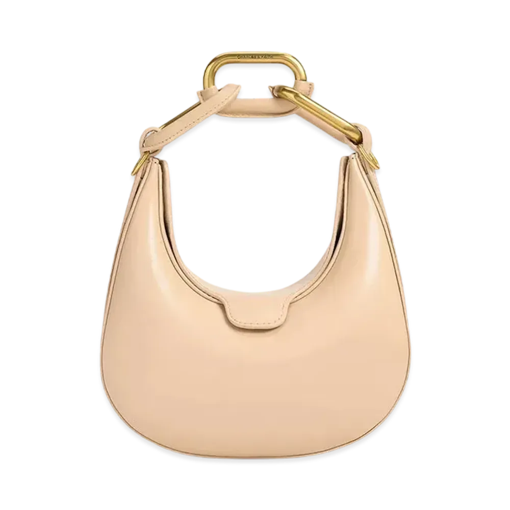CHARLES & KEITH Mini Colla Chain Link Moon Bag "Beige"
