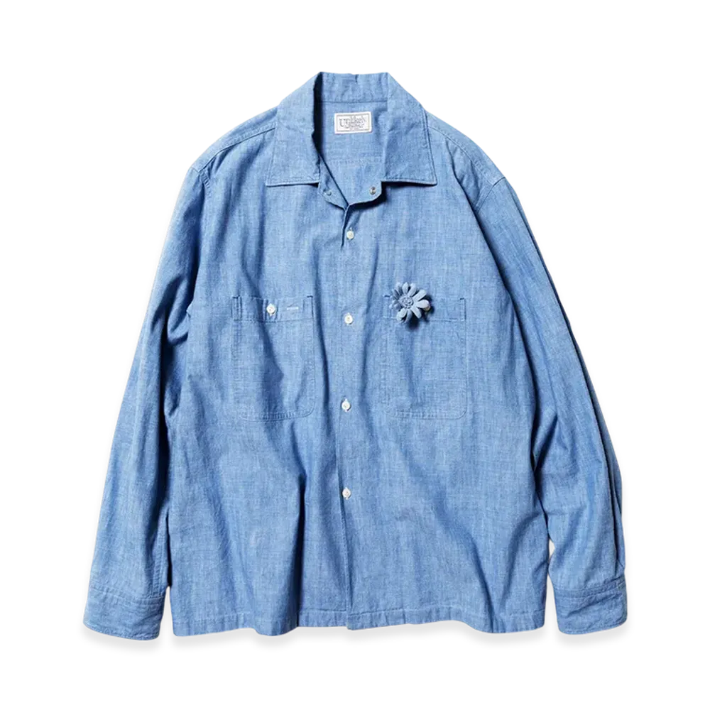 Unlikely Open Collar Work Chambray with Flower "Indigo"