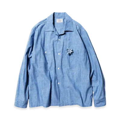 Unlikely Open Collar Work Chambray with Flower "Indigo"